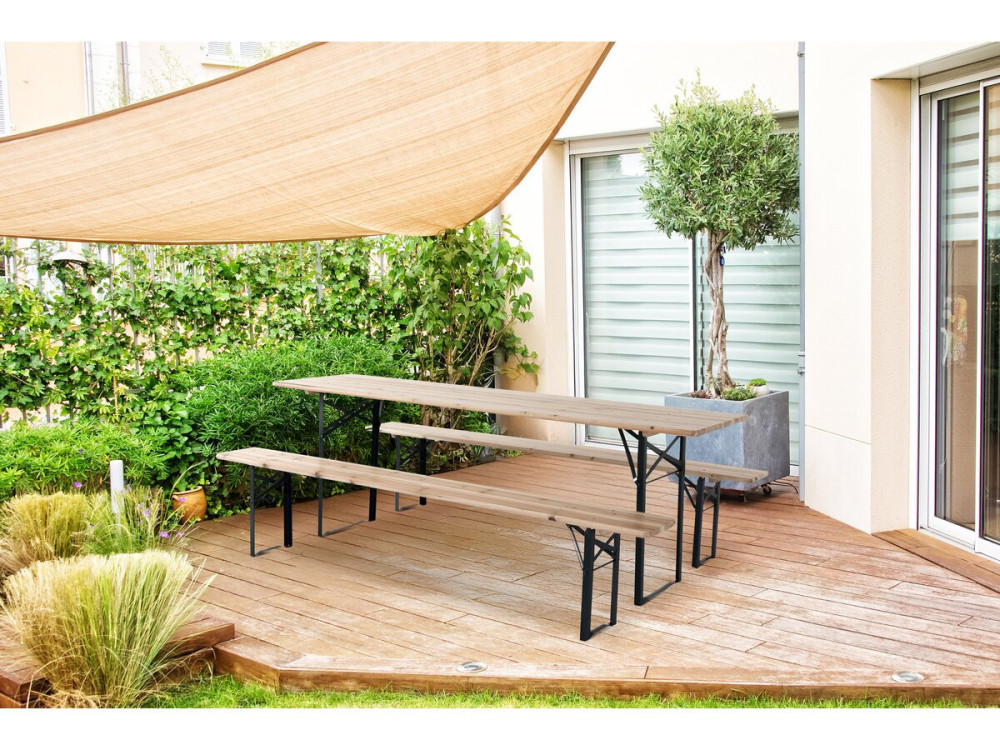 Table de jardin brasserie pliante avec 2 bancs " Lisbonne " - 176 x 46 x 75 cm -  Marron