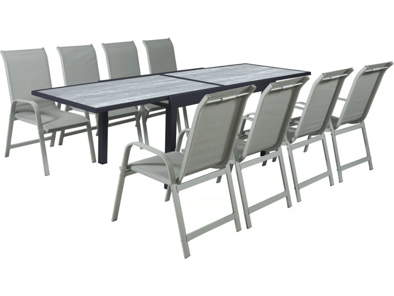 Table extensible et chaises de jardin en aluminium "Lagos" - 140/280 x 90 x 76 cm - 8 places - Gris clair