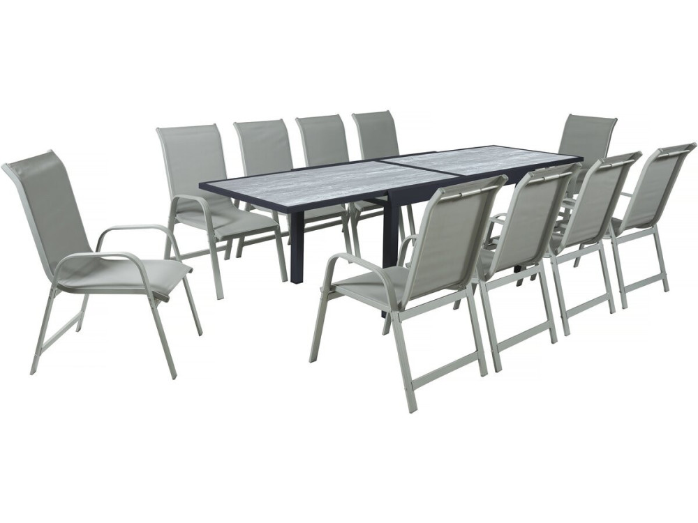 Table extensible et chaises de jardin en aluminium "Lagos" - 140/280 x 90 x 76 cm - 10 places - Gris clair