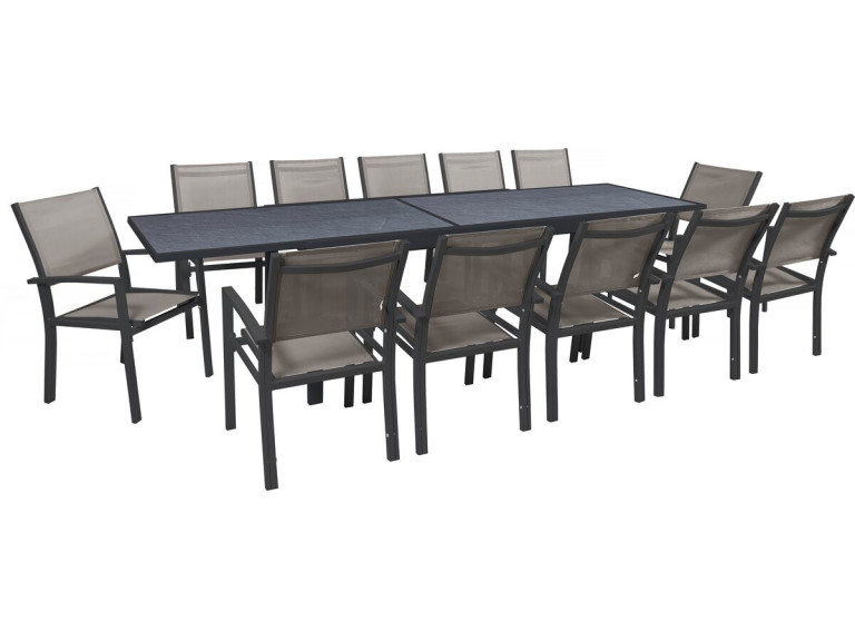 Salon de jardin repas extensible "Lagos" - 200/320 x 105 x 76 cm - 12 chaises - Taupe