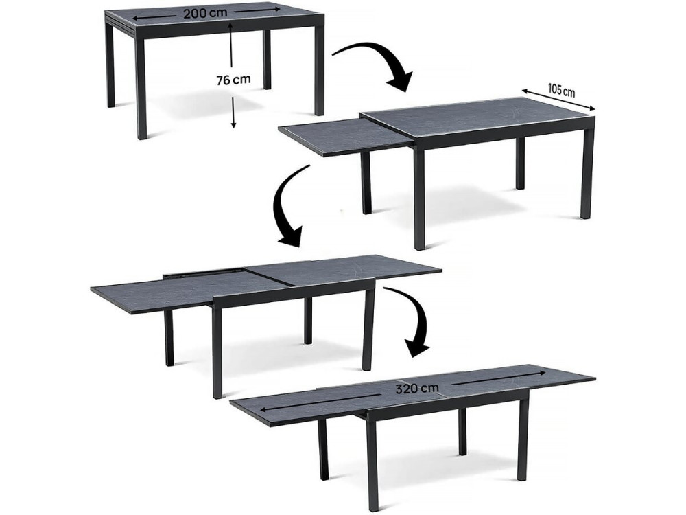Table extensible et chaises de jardin en aluminium "Lagos" - 200/320 x 105 x 76 cm - 10 chaises - Gris clair