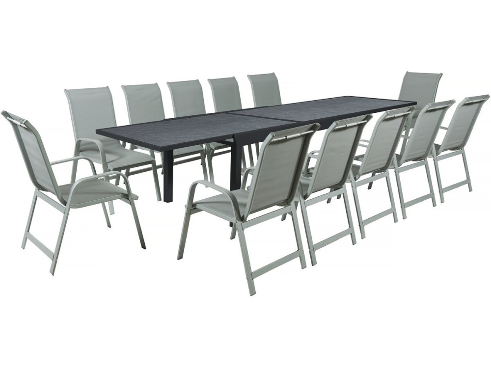 Table extensible et chaises de jardin en aluminium "Lagos" - 200/320 x 105 x 76 cm - 12 chaises - Gris clair
