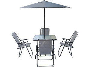 Table et chaises de jardin avec parasol en métal "Convivia" - 4 places - Gris clair