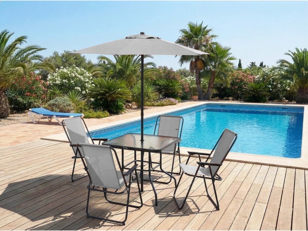 Table et chaises de jardin avec parasol en métal "Convivia" - 4 places - Gris clair