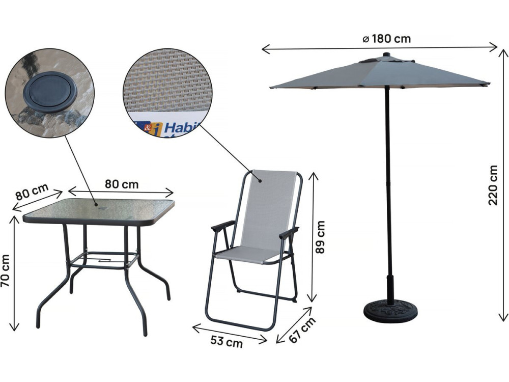 Table et chaises de jardin avec parasol en métal "Convivia" - 4 places - Gris clair