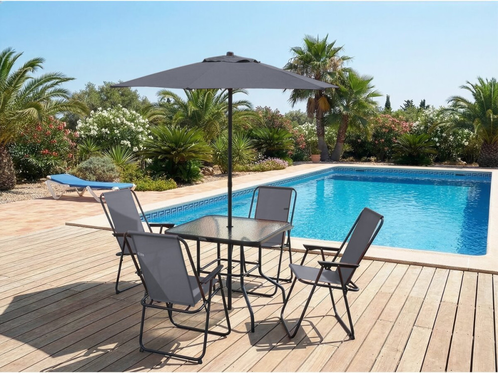 Table et chaises de jardin avec parasol en métal "Convivia" - 4 places - Gris anthracite