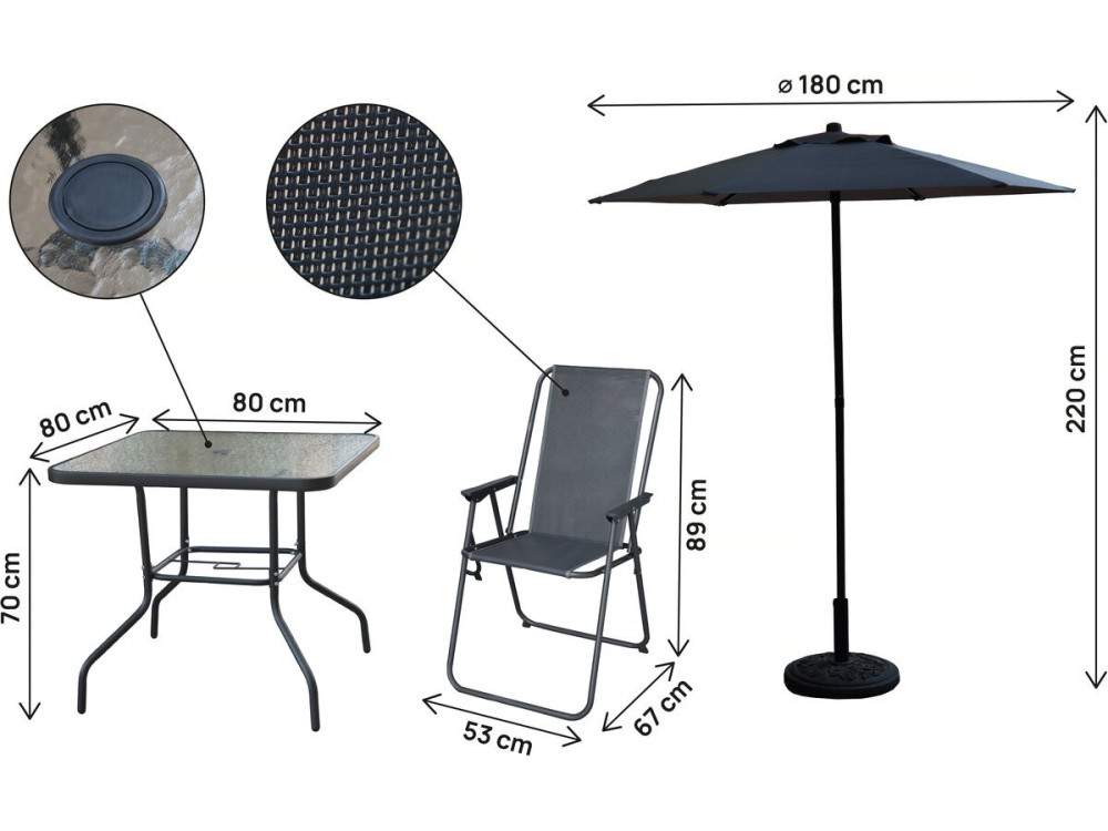 Table et chaises de jardin avec parasol en métal "Convivia" - 4 places - Gris anthracite