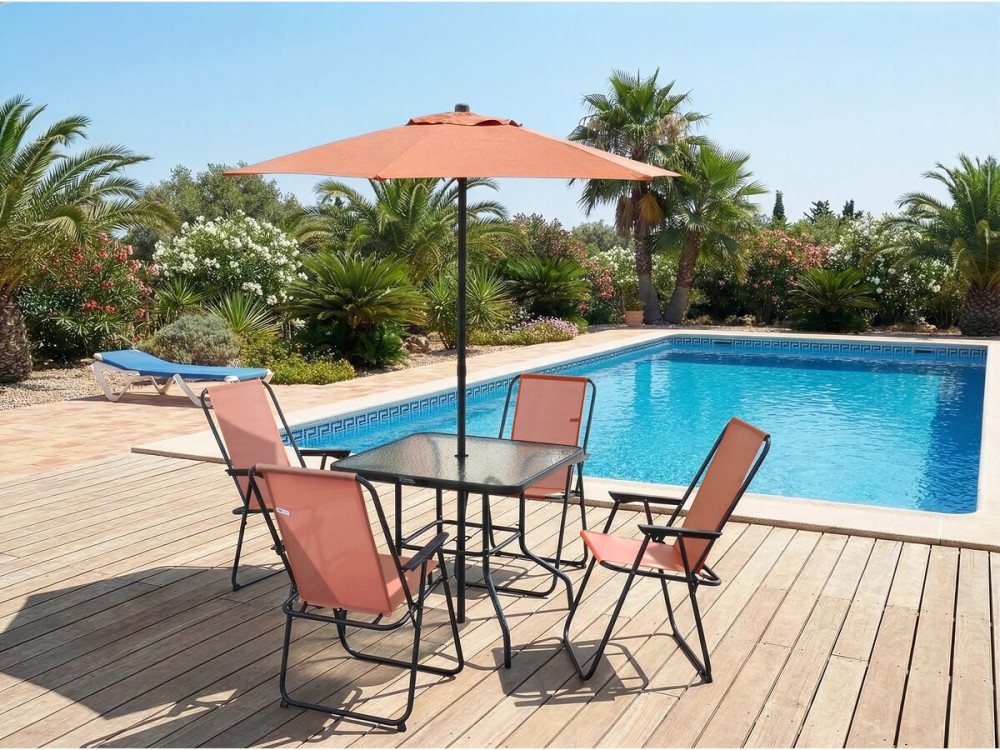 Table et chaises de jardin avec parasol en métal "Convivia" - 4 places - Terracotta