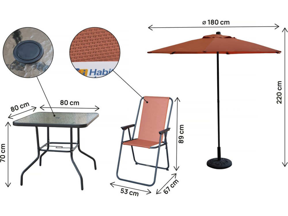 Table et chaises de jardin avec parasol en métal "Convivia" - 4 places - Terracotta