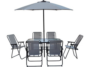 Table et chaises de jardin avec parasol en métal "Convivia" - 6 places - Gris clair