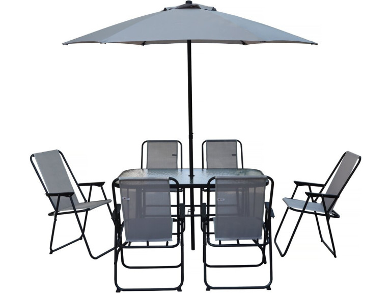Table et chaises de jardin avec parasol en métal "Convivia" - 6 places - Gris clair