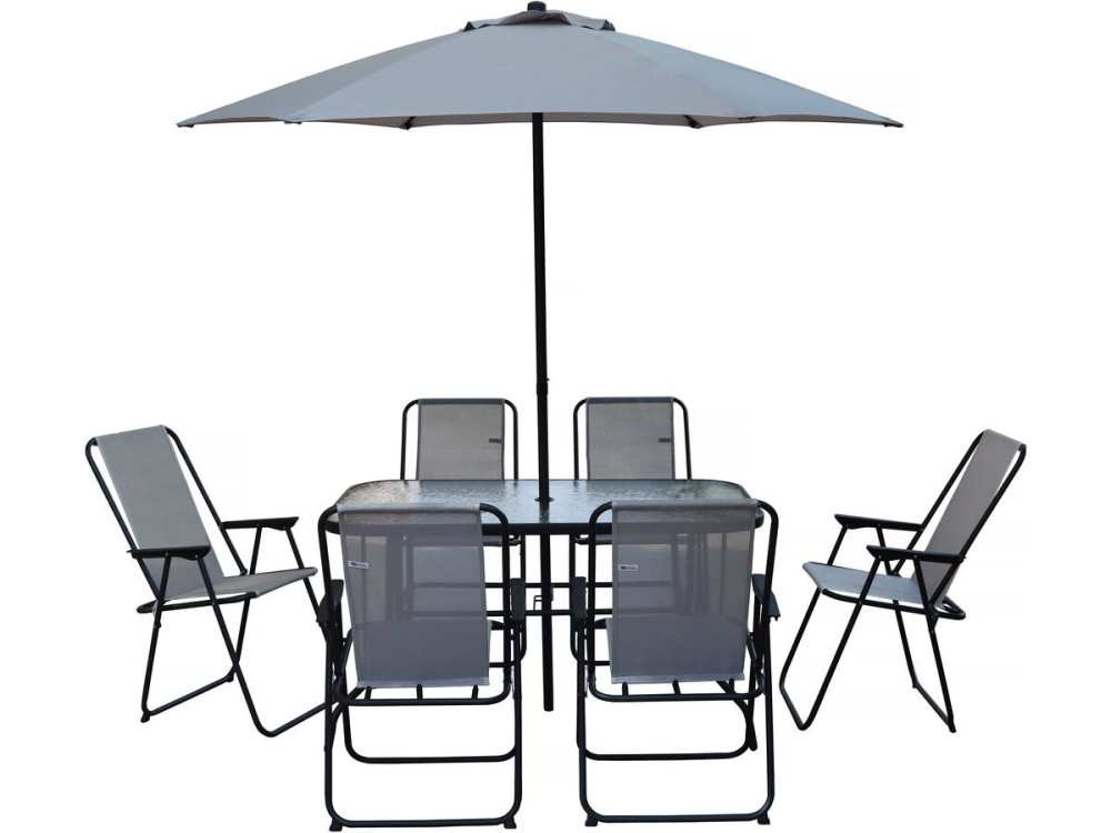 Table et chaises de jardin avec parasol en métal "Convivia" - 6 places - Gris clair