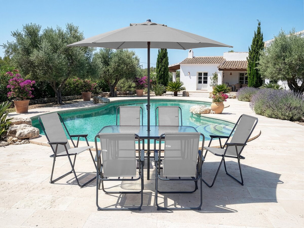 Table et chaises de jardin avec parasol en métal "Convivia" - 6 places - Gris clair