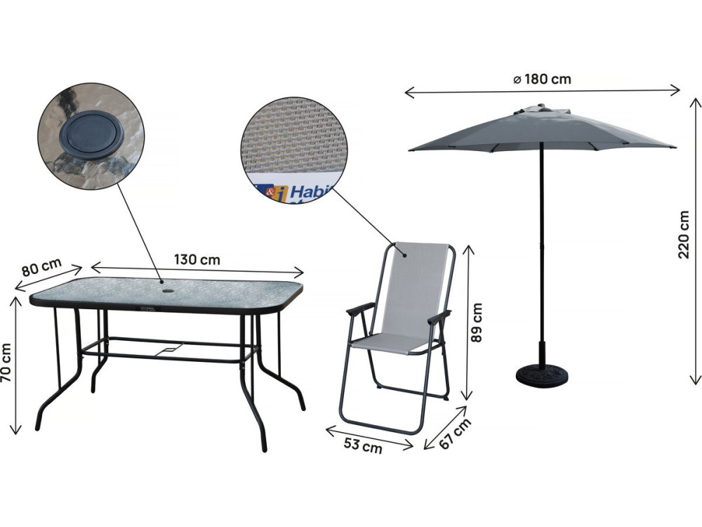 Table et chaises de jardin avec parasol en métal "Convivia" - 6 places - Gris clair