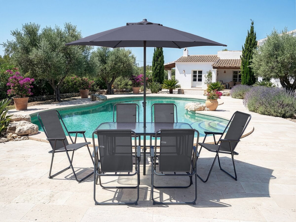 Table et chaises de jardin avec parasol en métal "Convivia" - 6 places - Gris anthracite