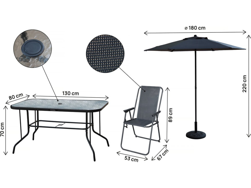 Table et chaises de jardin avec parasol en métal "Convivia" - 6 places - Gris anthracite