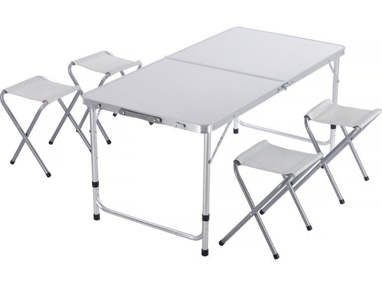 Ensembe table de camping et 4 tabourets pliants - 125 x 60 cm - Blanc