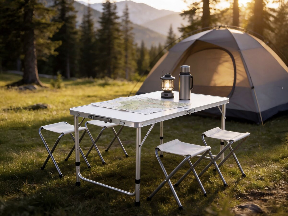 Ensembe table de camping et 4 tabourets pliants - 125 x 60 cm - Blanc