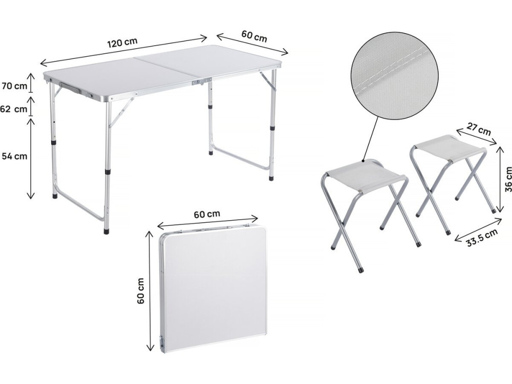 Ensembe table de camping et 4 tabourets pliants - 125 x 60 cm - Blanc