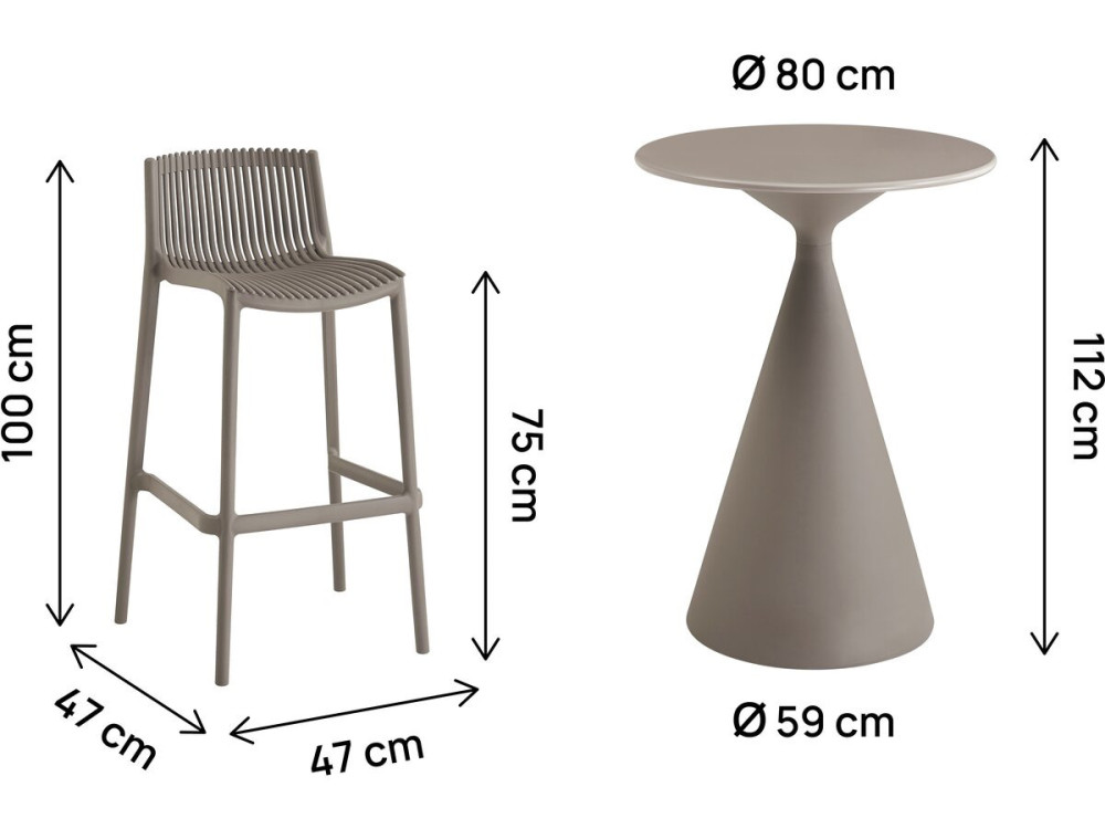 Table et chaises hautes de jardin bistrot empilables "Néora" - 2 places - Taupe