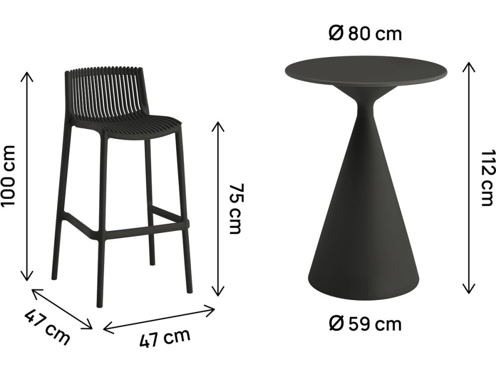 Table et chaises hautes de jardin bistrot empilables "Néora" - 2 places - Noir