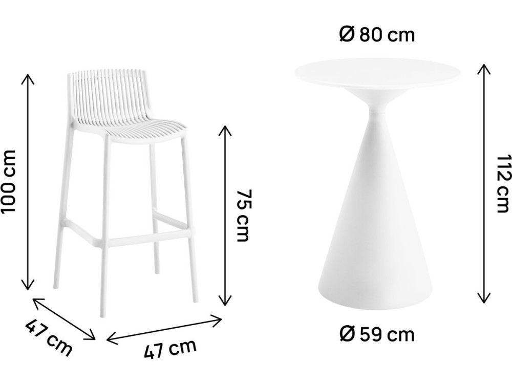 Table et chaises hautes de jardin bistrot empilables "Néora" - 2 places - Blanc