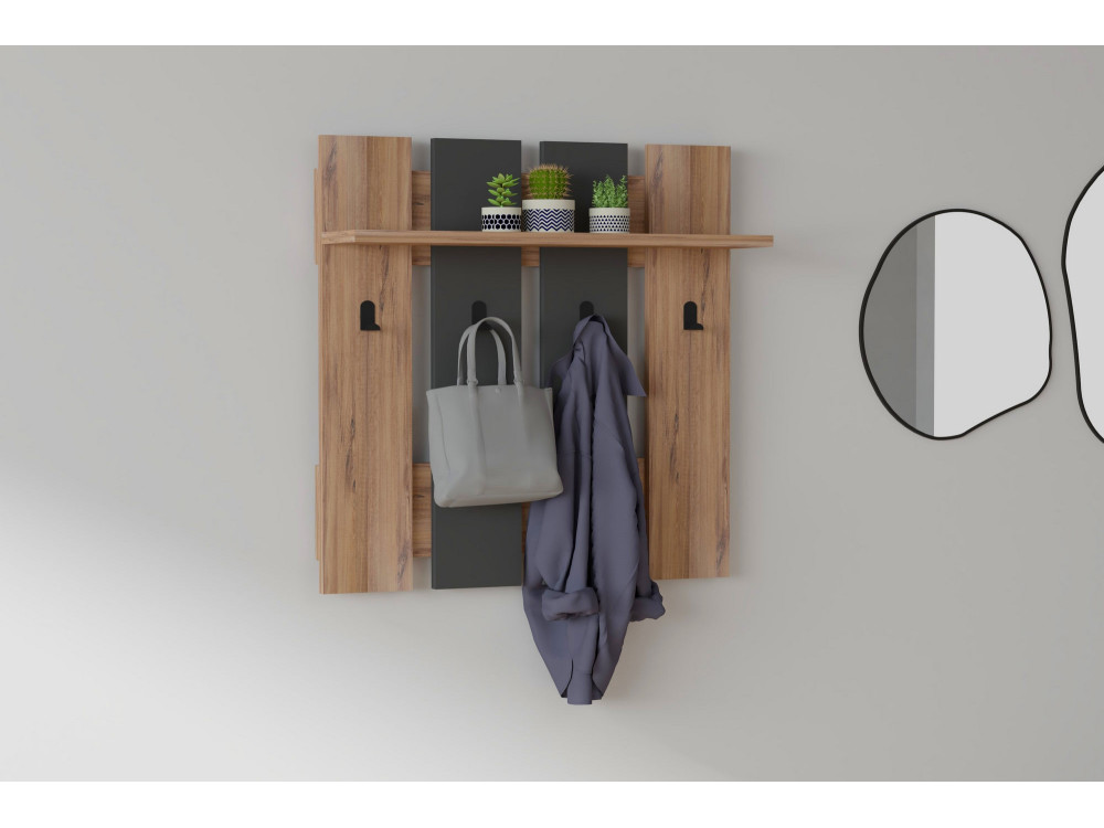 Porte-manteau mural avec étagère en bois "Mita" - 70 x 14 x 70 cm - Gris anthracite
