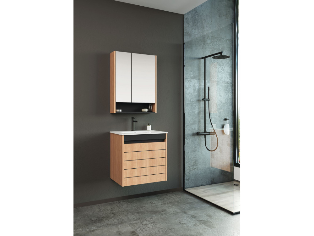 Meuble Salle de Bain avec Miroir "Ricato 60" - 60 x 16 x 78 cm - Walnut
