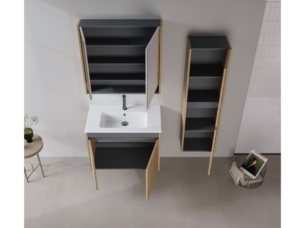 Meuble Salle de Bain avec Miroir "Ricato 80" - 80 x 16 x 78 cm - Walnut