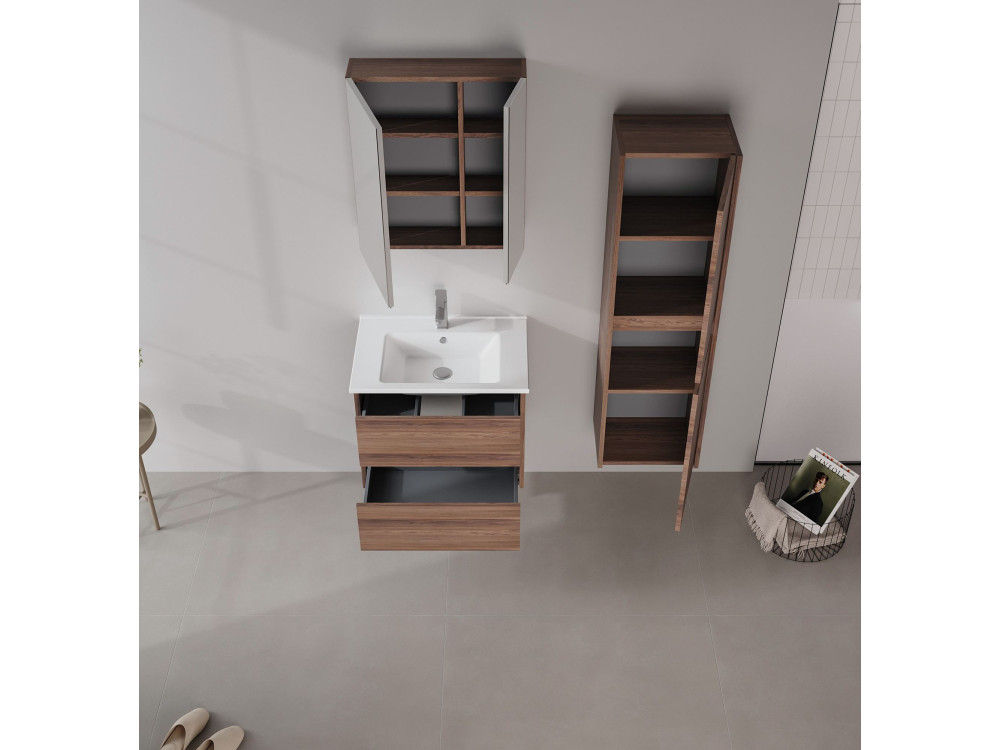 Meuble Salle de Bain avec Miroir "Side 60" - 60 x 16 x 66 cm - Dark Walnut