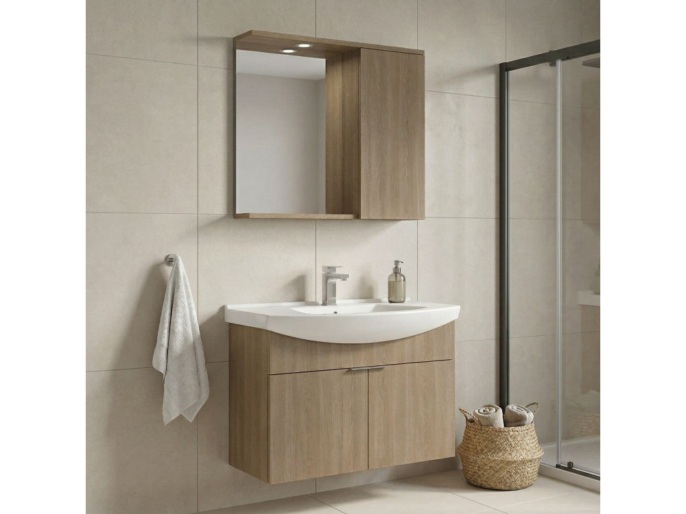 Ensemble Meuble Vasque avec Miroir (2 Pièces) "Purus 80" - 80 x 50 x 58 cm - Oak