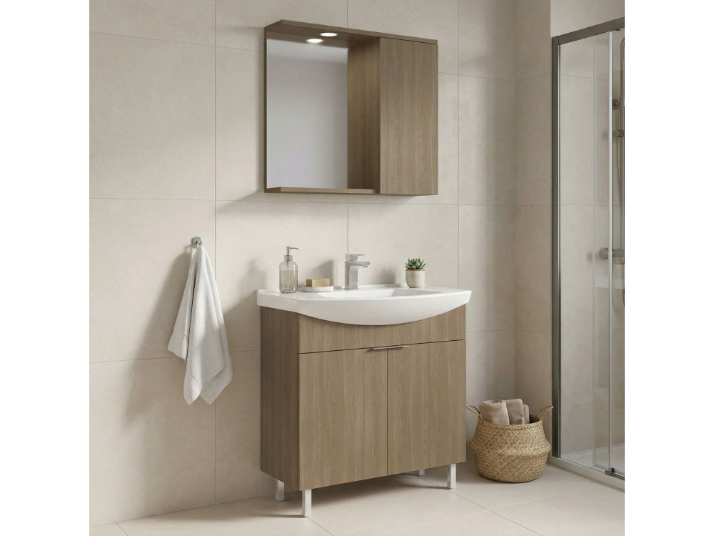 Ensemble Meuble Vasque avec Miroir (2 Pièces) "Purus 80" - 80 x 50 x 83 cm - Oak