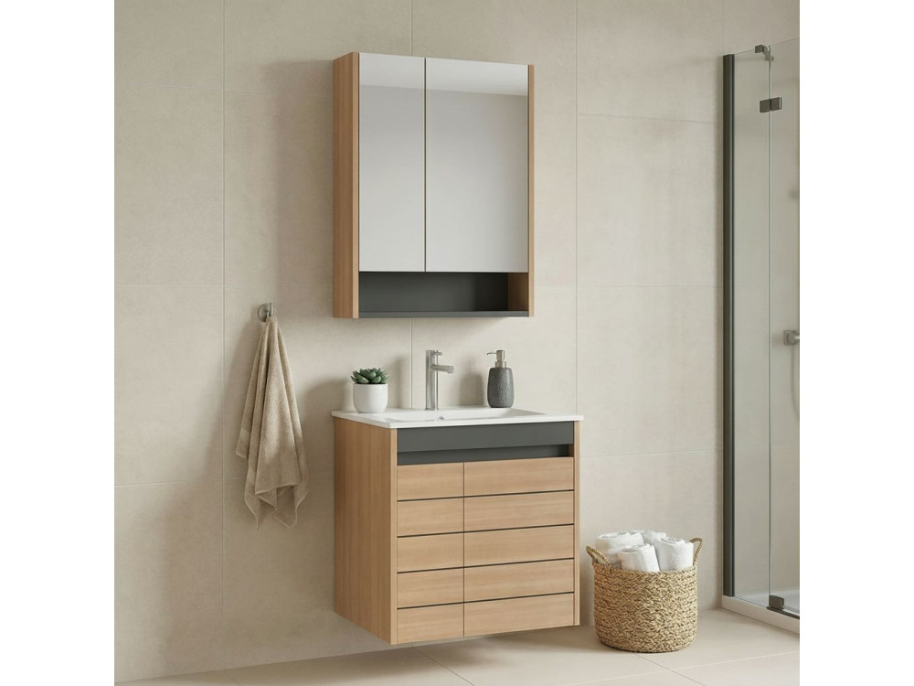 Ensemble Meuble Vasque avec Miroir (2 Pièces) "Ricato 60" - 61 x 47 x 62 cm - Oak