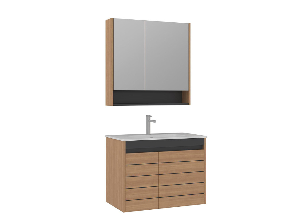 Ensemble Meuble Vasque avec Miroir (2 Pièces) "Ricato 80" - 81 x 47 x 62 cm - Oak
