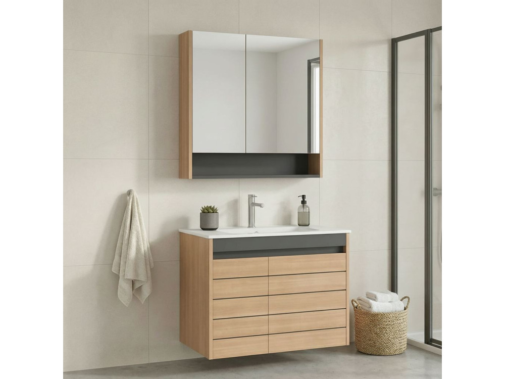 Ensemble Meuble Vasque avec Miroir (2 Pièces) "Ricato 80" - 81 x 47 x 62 cm - Oak