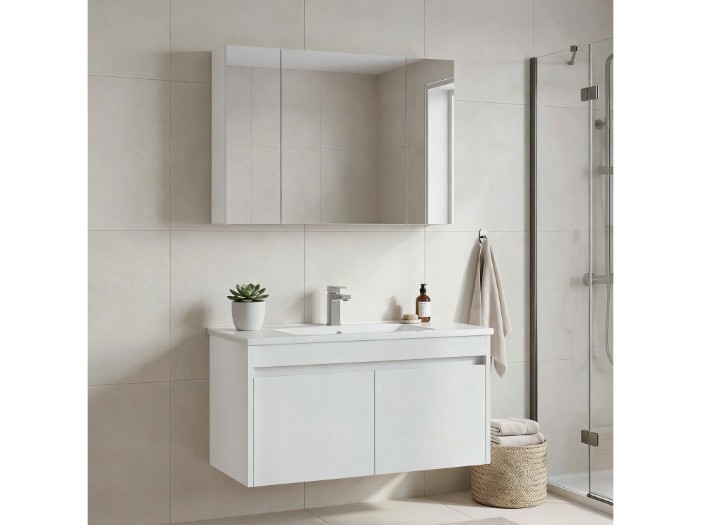 Ensemble Meuble Vasque avec Miroir (2 Pièces) "Side 100 v3" - 100 x 45 x 52 cm - Matte White