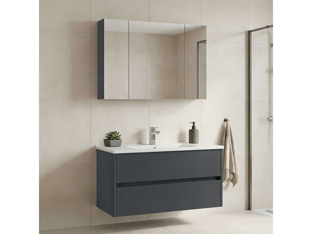 Ensemble Meuble Vasque avec Miroir (2 Pièces) "Side 100 v3" - 100 x 16 x 52 cm - Matte Anthracite