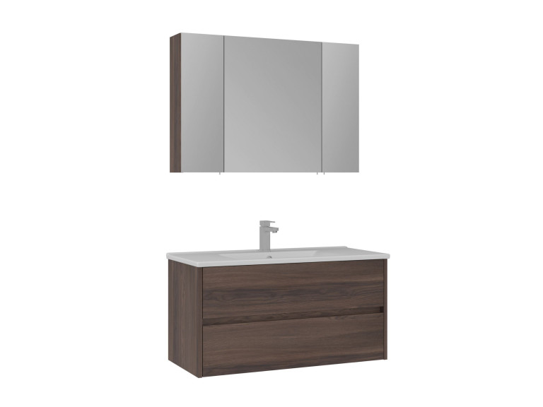 Ensemble Meuble Vasque avec Miroir (2 Pièces) "Side 100 v3" - 100 x 16 x 52 cm - Walnut