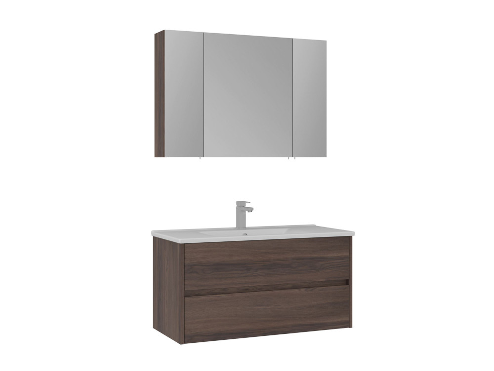 Ensemble Meuble Vasque avec Miroir (2 Pièces) "Side 100 v3" - 100 x 16 x 52 cm - Walnut
