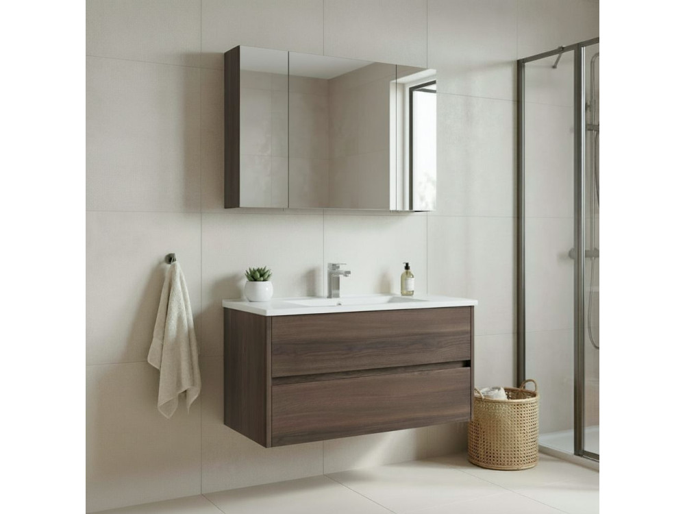 Ensemble Meuble Vasque avec Miroir (2 Pièces) "Side 100 v3" - 100 x 16 x 52 cm - Walnut