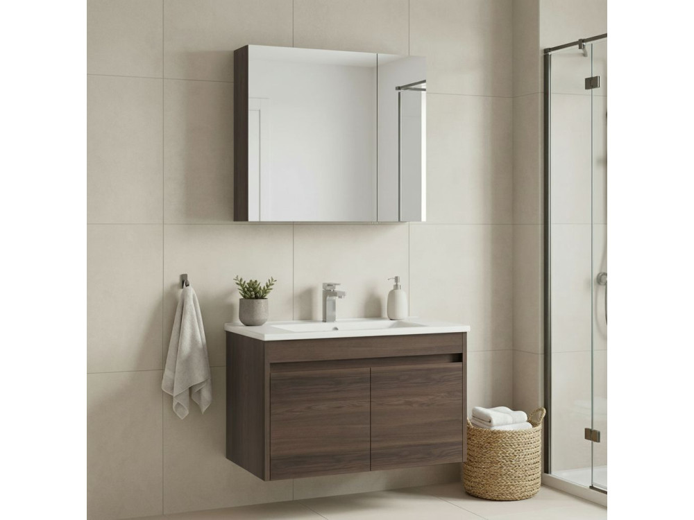Ensemble Meuble Vasque avec Miroir (2 Pièces) "Side 100 v3" - 85 x 45 x 52 cm - Walnut