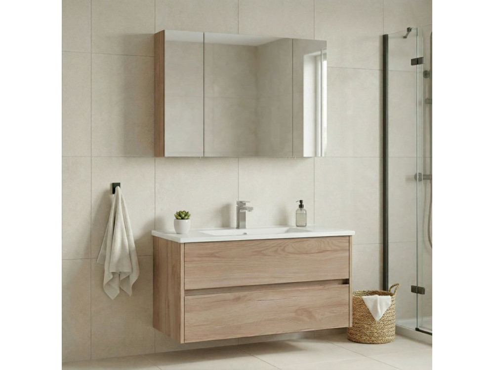 Ensemble Meuble Vasque avec Miroir (2 Pièces) "Side 100 v3" - 100 x 16 x 52 cm - Oak