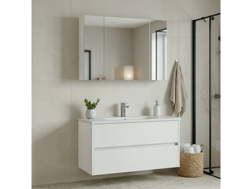 Ensemble Meuble Vasque avec Miroir (2 Pièces) "Side 100 v3" - 100 x 16 x 52 cm - Matte White