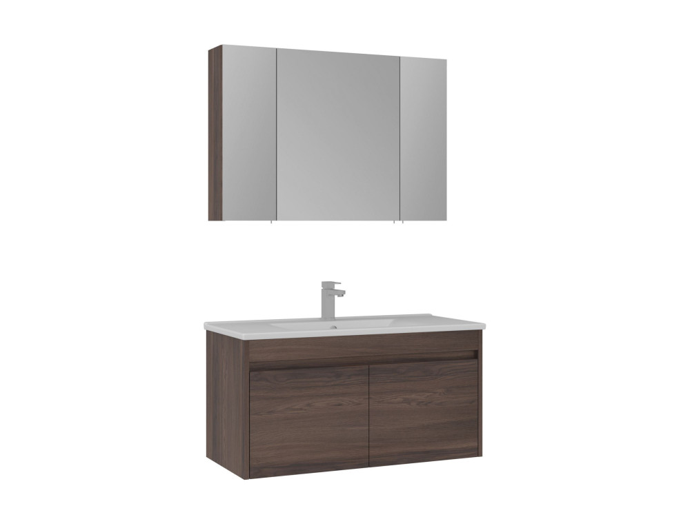 Ensemble Meuble Vasque avec Miroir (2 Pièces) "Side 100 v3" - 100 x 45 x 52 cm - Walnut