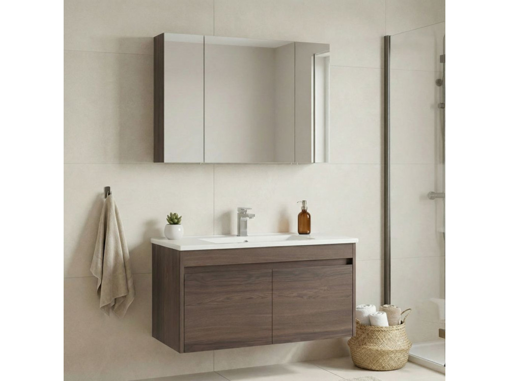 Ensemble Meuble Vasque avec Miroir (2 Pièces) "Side 100 v3" - 100 x 45 x 52 cm - Walnut
