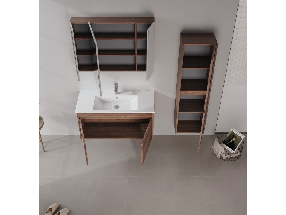 Ensemble Meuble Vasque avec Miroir (2 Pièces) "Side 100 v3" - 100 x 45 x 52 cm - Walnut