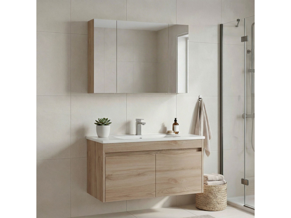 Ensemble Meuble Vasque avec Miroir (2 Pièces) "Side 100 v3" - 100 x 45 x 52 cm - Oak
