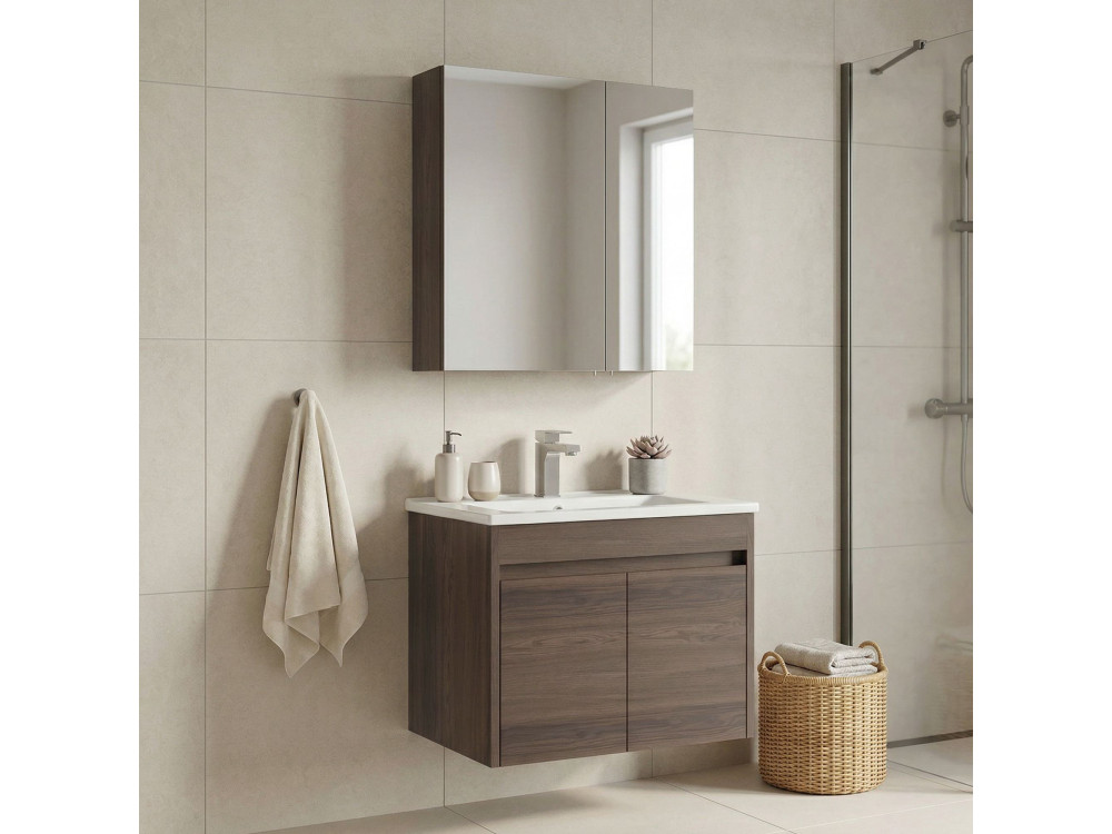 Ensemble Meuble Vasque avec Miroir (2 Pièces) "Side 65 v2" - 65 x 45 x 52 cm - Walnut