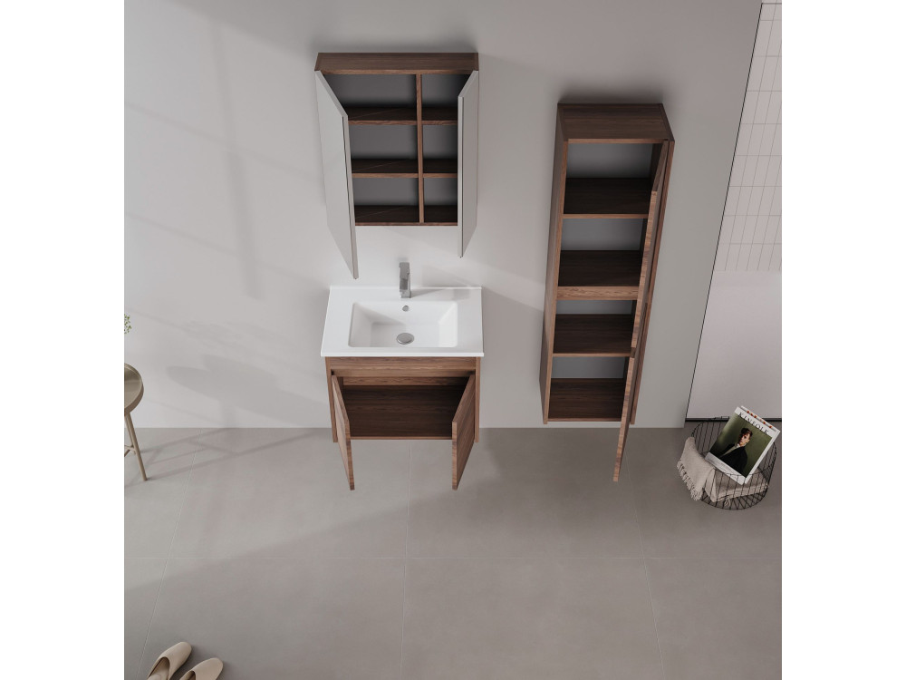 Ensemble Meuble Vasque avec Miroir (2 Pièces) "Side 65 v2" - 65 x 45 x 52 cm - Walnut