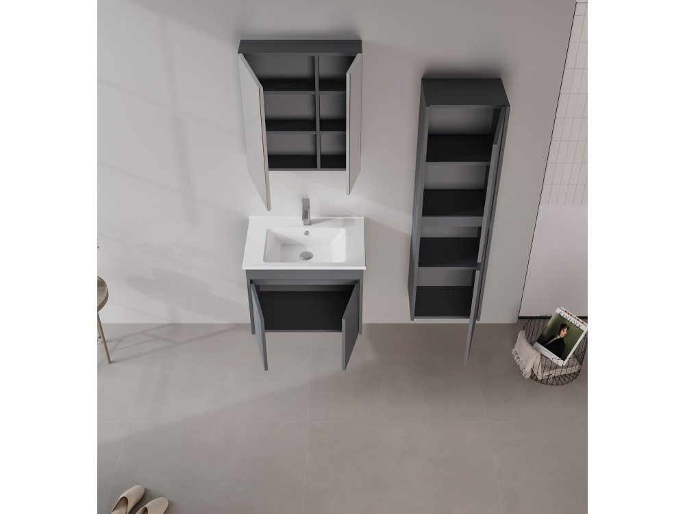 Ensemble Meuble Vasque avec Miroir (2 Pièces) "Side 65 v2" - 65 x 45 x 52 cm - Matte Anthracite